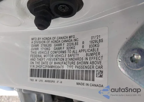 2021 Honda Civic Lx из США, поврежденный, VIN 2HGFC2F64MH536476